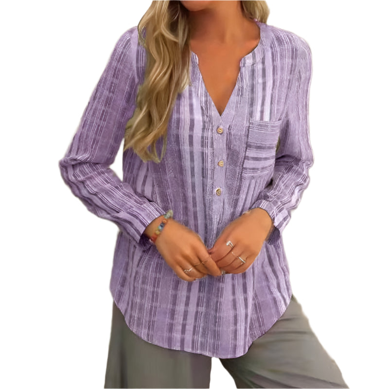 ベリンダ - Vネックのストライプ柄の長袖サマーブラウス