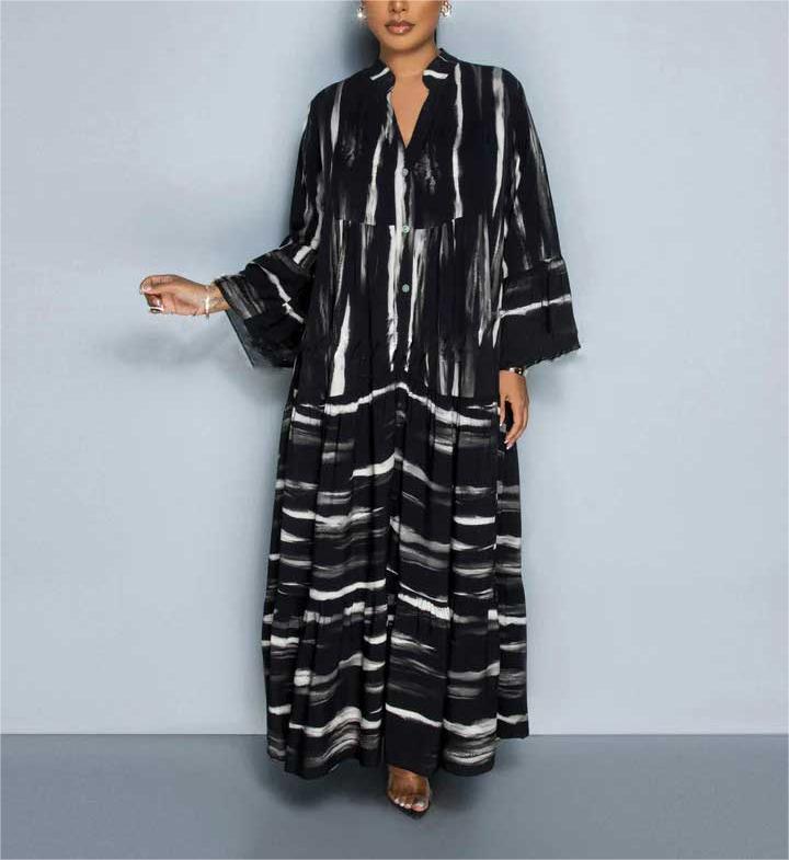 Lillian - Casual Print Abaya Dress with Long Ruffle Sleeves