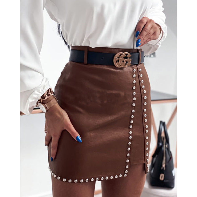 Ida - Elegant riveted PU leather skirt