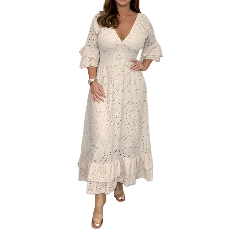 Rebecca - Embroidered Ruffle Sleeve Midi Dress