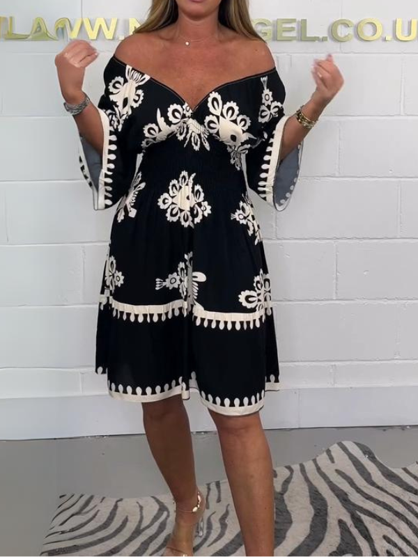 Grey - Printed V-neck midi dress