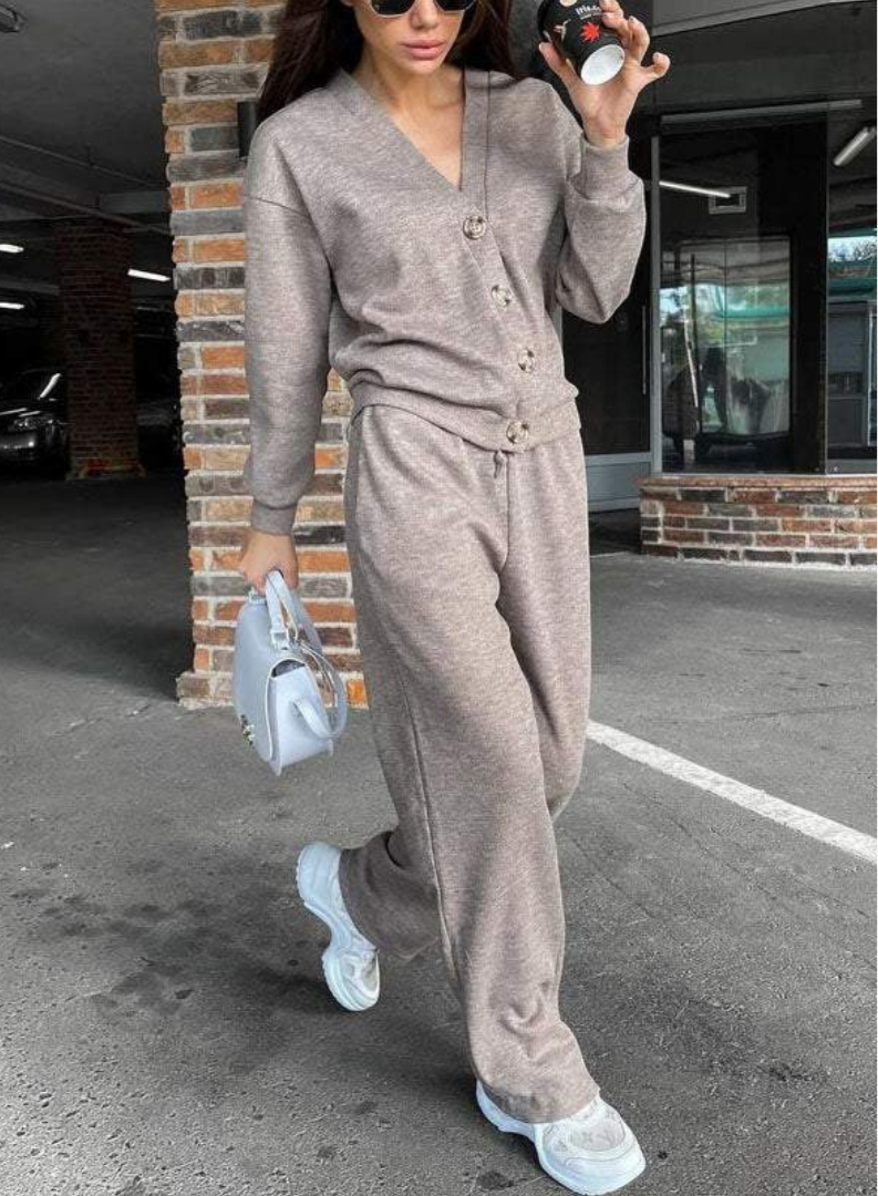 静江 - ファッショナブルなボタンジャケットとパンツのセット