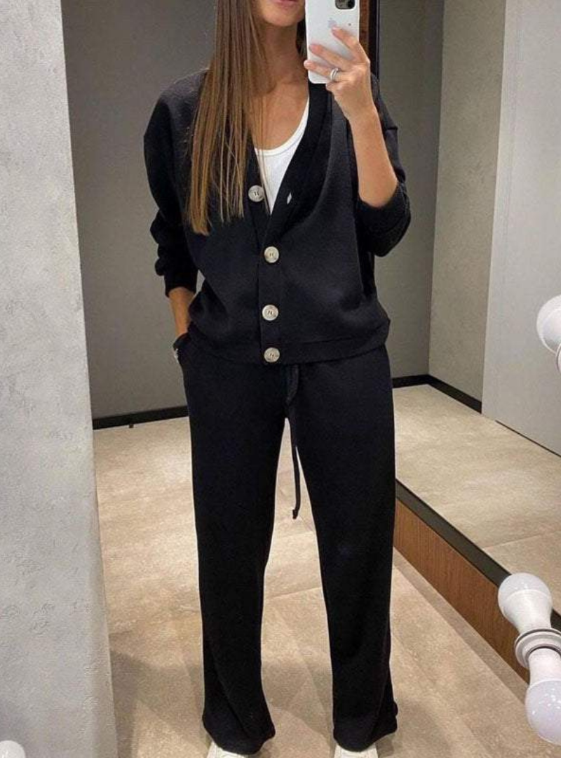 静江 - ファッショナブルなボタンジャケットとパンツのセット