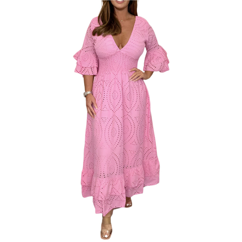 Rebecca - Embroidered Ruffle Sleeve Midi Dress