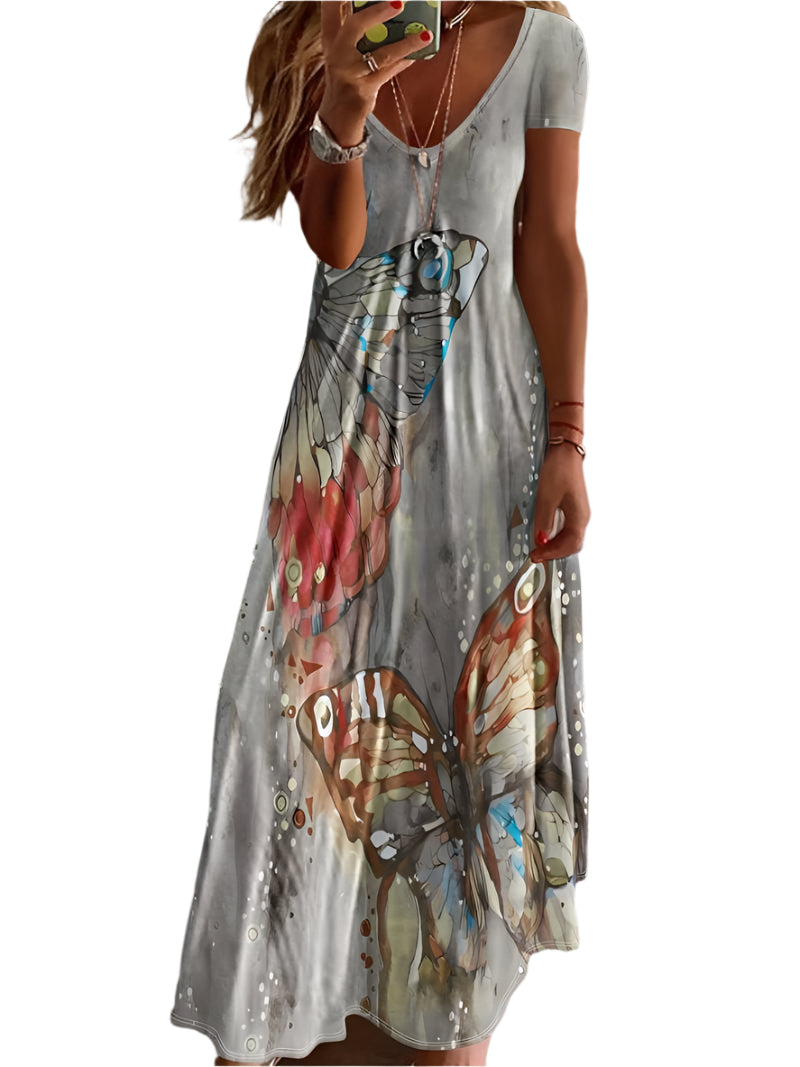 Gracie - Butterfly print V-neck dress