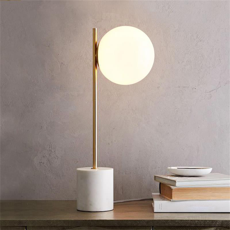 Modern white glass spherical table lamp with Aurelia marble base