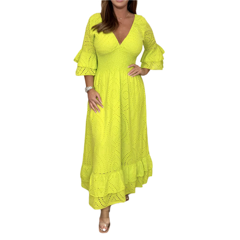 Rebecca - Embroidered Ruffle Sleeve Midi Dress