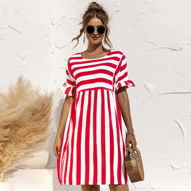Livia - Elegant striped print dress with voluminous ruffles
