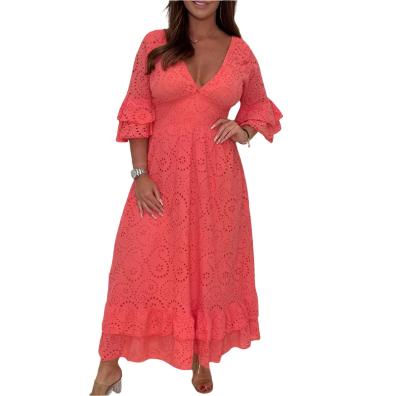 Rebecca - Embroidered Ruffle Sleeve Midi Dress