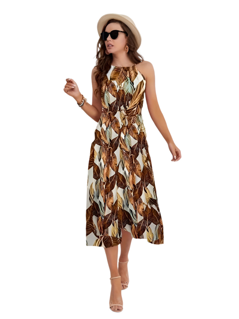 Esther - Leaf Print Halter Beach Dress