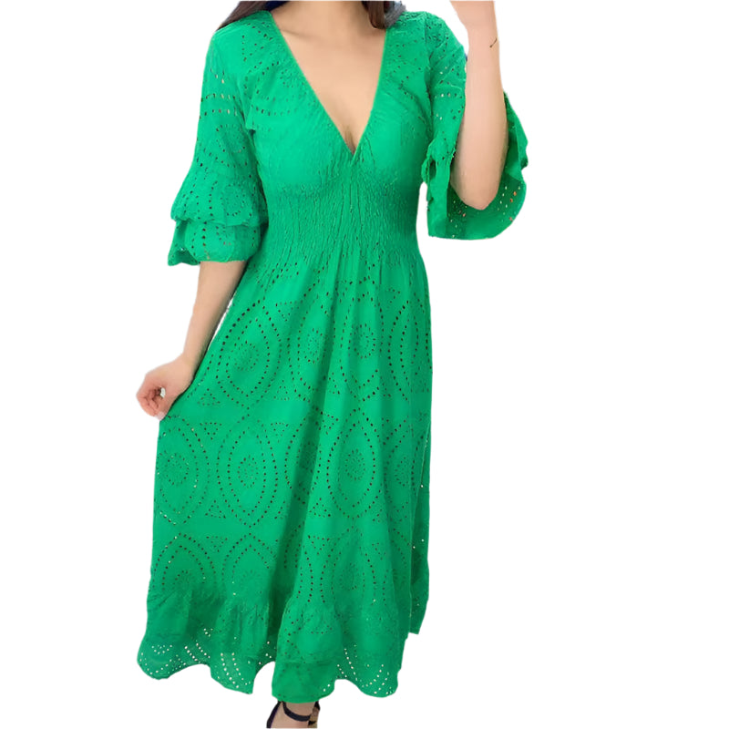 Rebecca - Embroidered Ruffle Sleeve Midi Dress