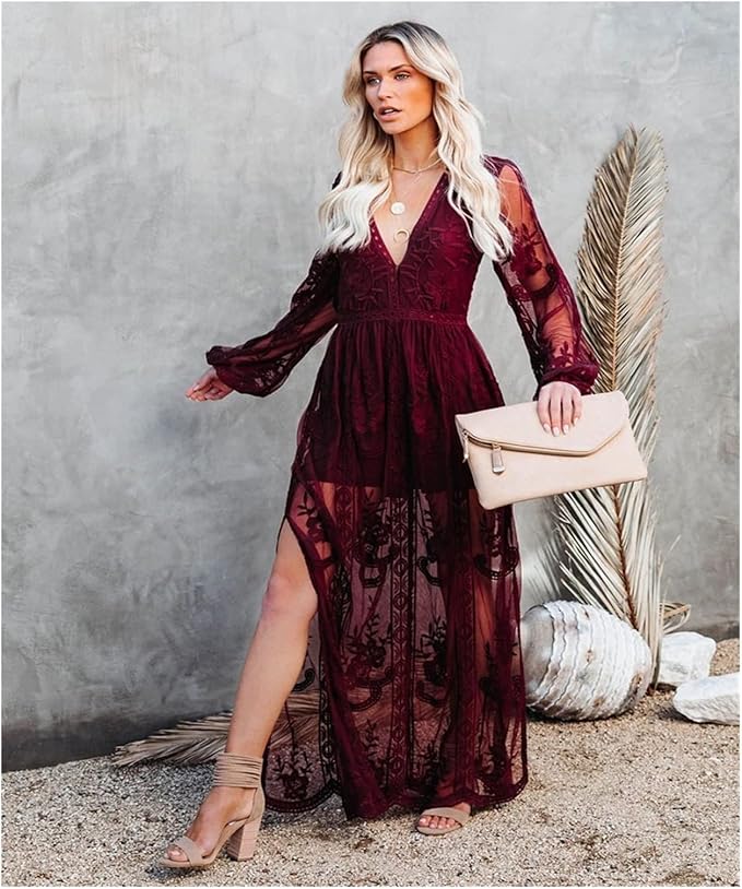 Olive - Chic Deep V-Neck Long Sleeve Maxi Dress