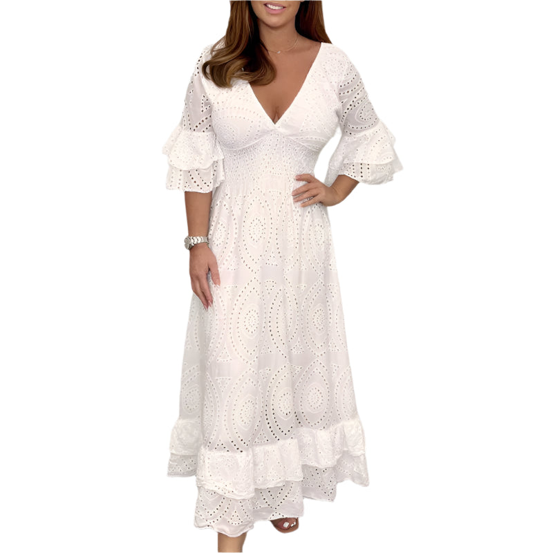 Rebecca - Embroidered Ruffle Sleeve Midi Dress