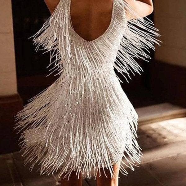 Yvonne - Fringed V-neck cocktail dress
