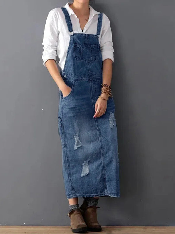 My Denim | A worn-out denim overall dress with a back slit
