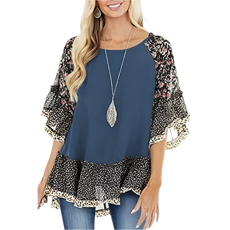 クラリッサ - ミドル丈の袖のTシャツ、ドールスリーブにカラーブロックのヒョウ柄