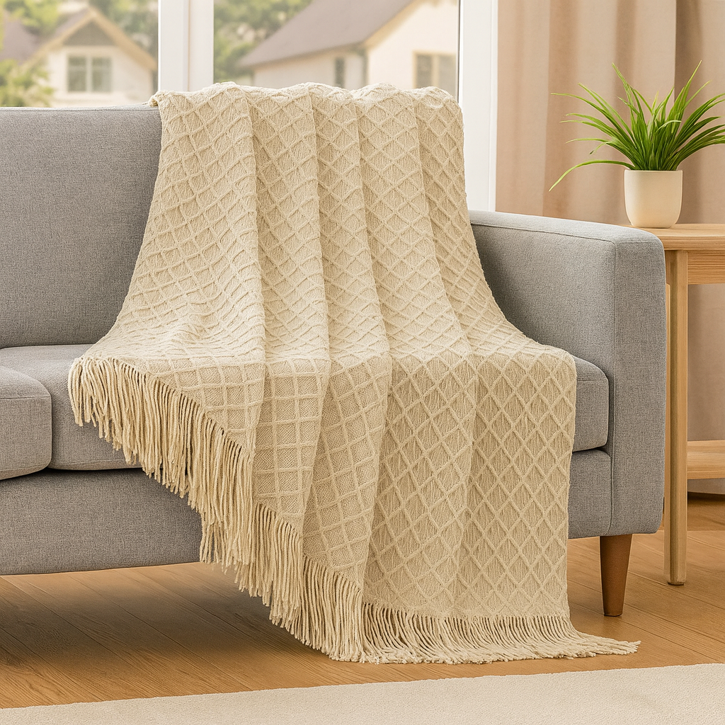 A soft and cozy throw blanket with a vintage geometric pattern for your sofa or bed