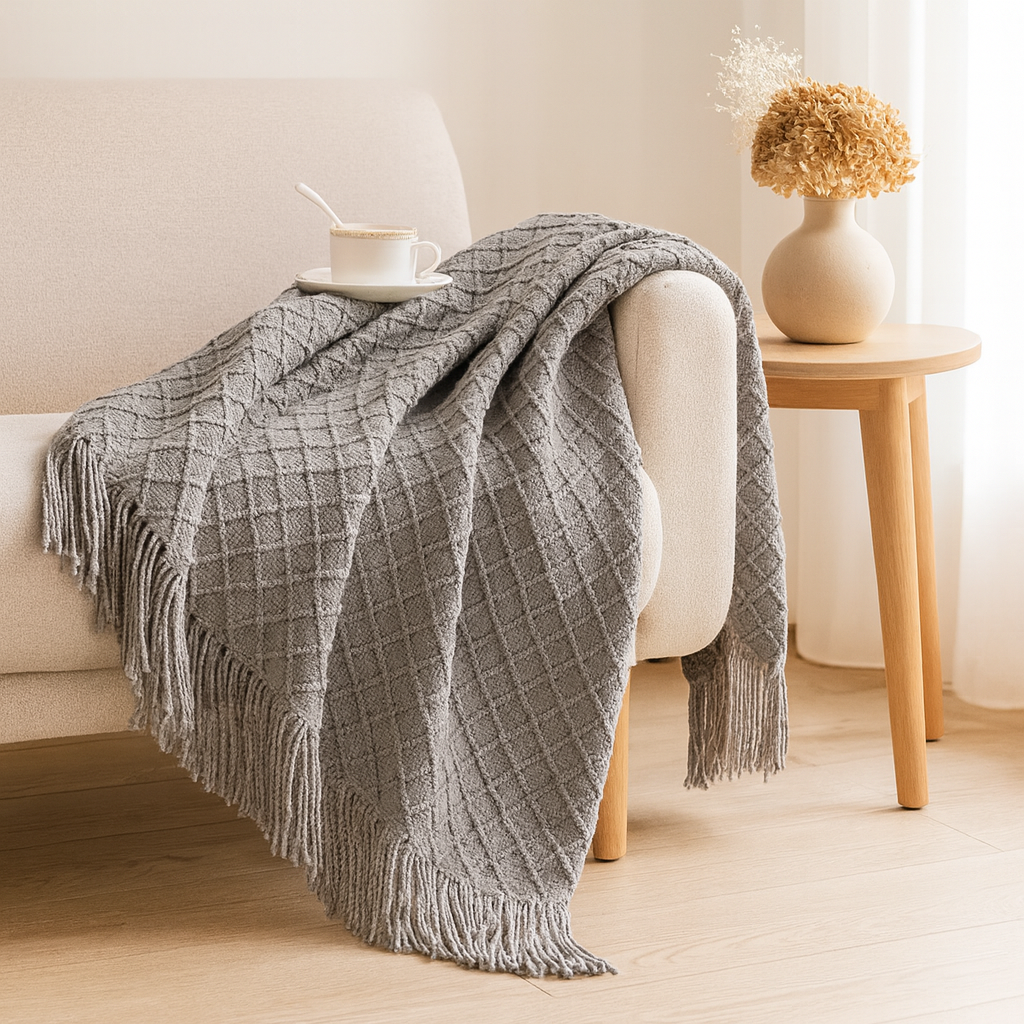 ソファやベッド用の、ヴィンテージスタイルの幾何学模様の柔らかく心地よいスローブランケット