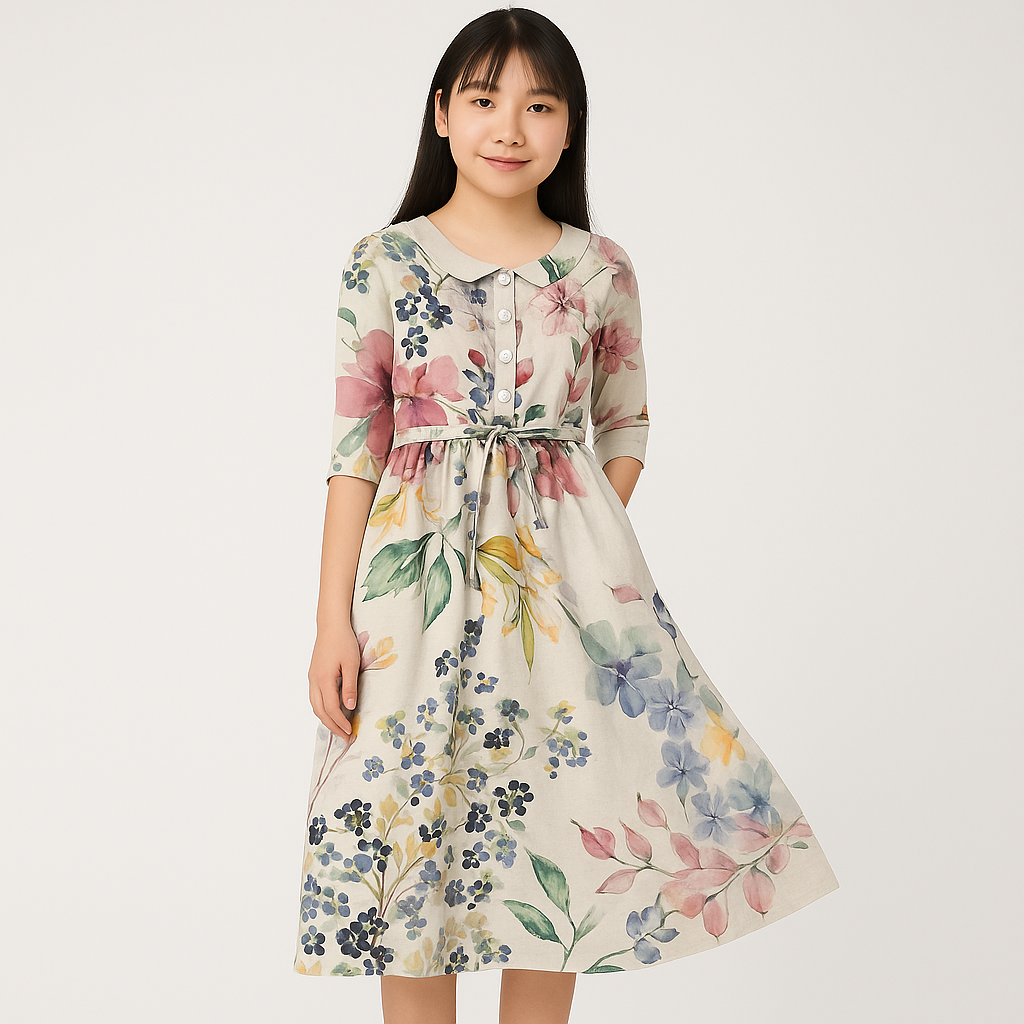 愛子 - ハーフスリーブ花柄ミディ・ドレス