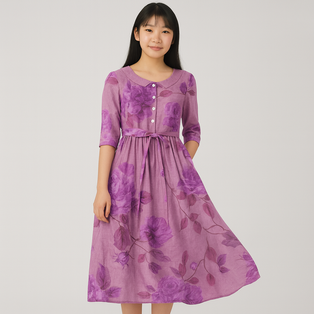 愛子 - ハーフスリーブ花柄ミディ・ドレス