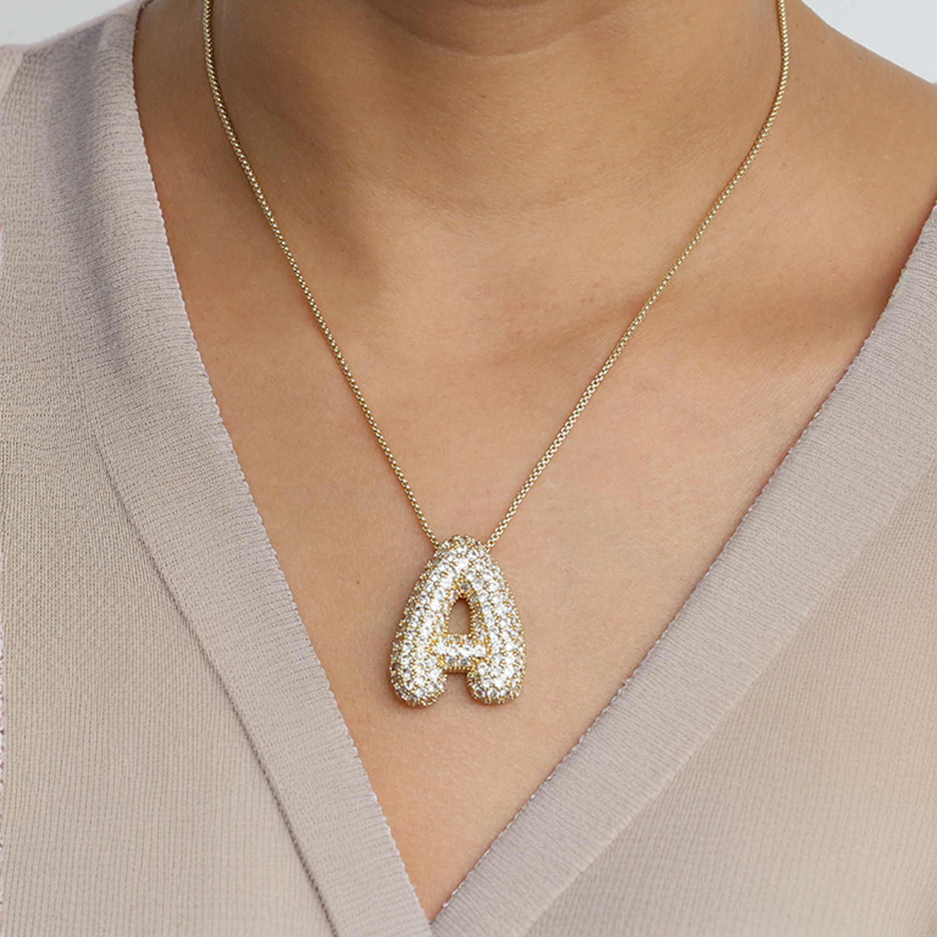 Diamond Patterned Luna Bubble Initial Necklace - Personalized Mother's Day Gift