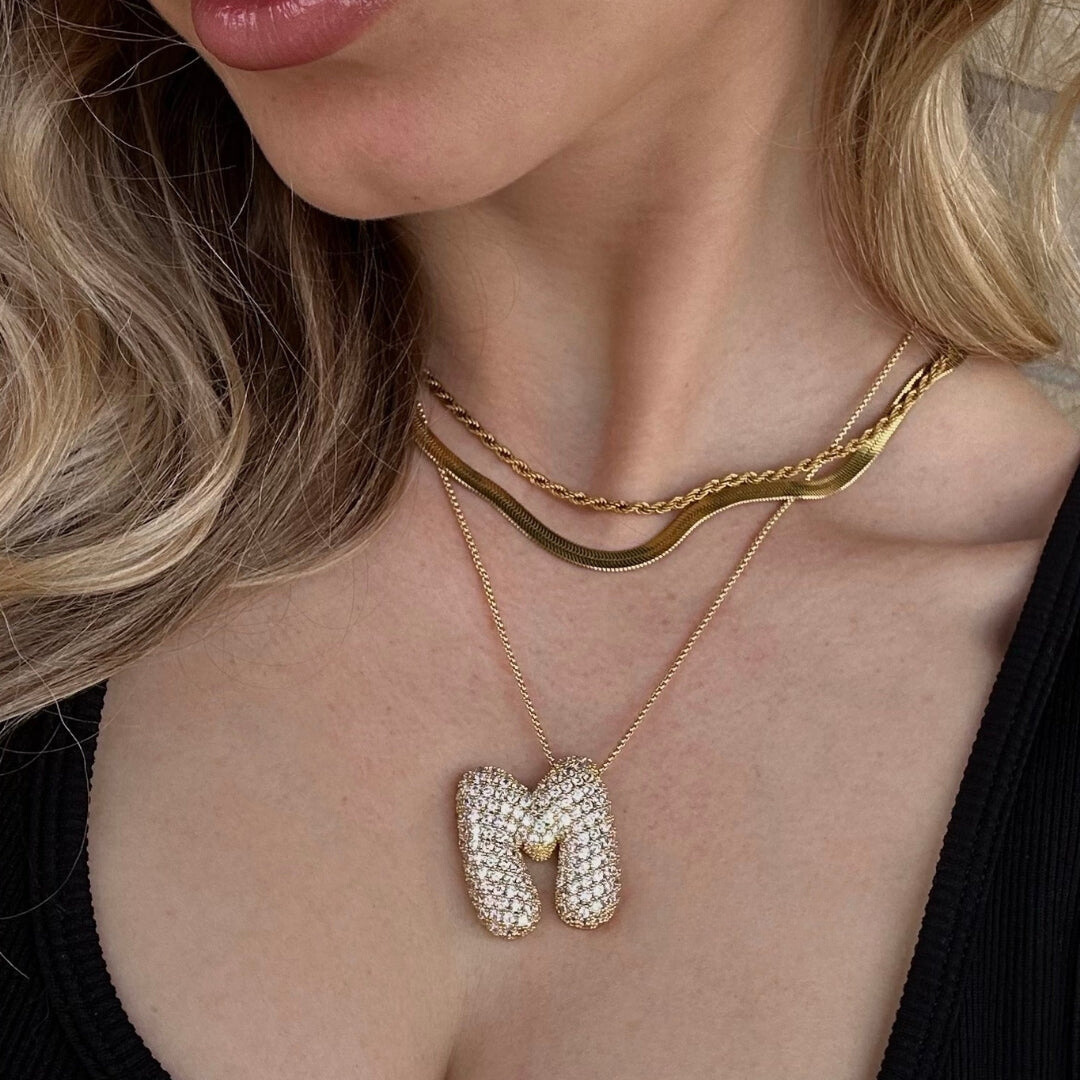 Diamond Patterned Luna Bubble Initial Necklace - Personalized Mother's Day Gift