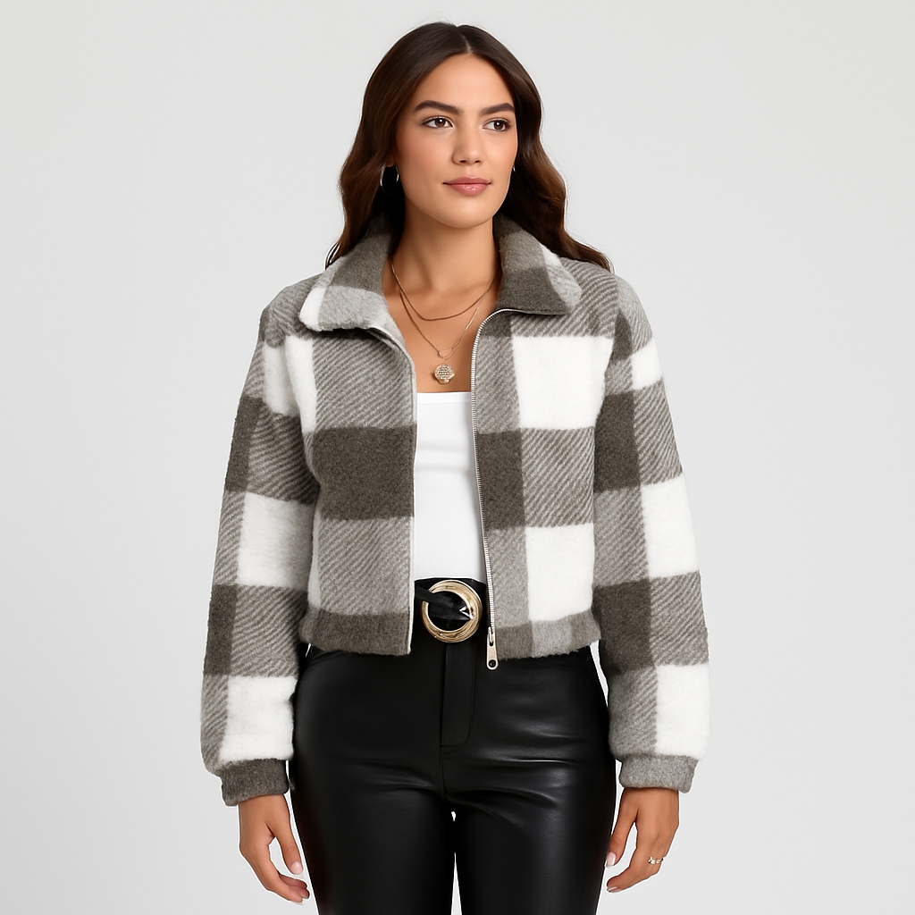 Sabine | Women's Checked Teddy Fleece Jacket with Zip and Long Sleeves