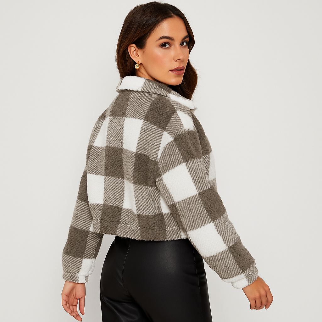 Sabine | Women's Checked Teddy Fleece Jacket with Zip and Long Sleeves