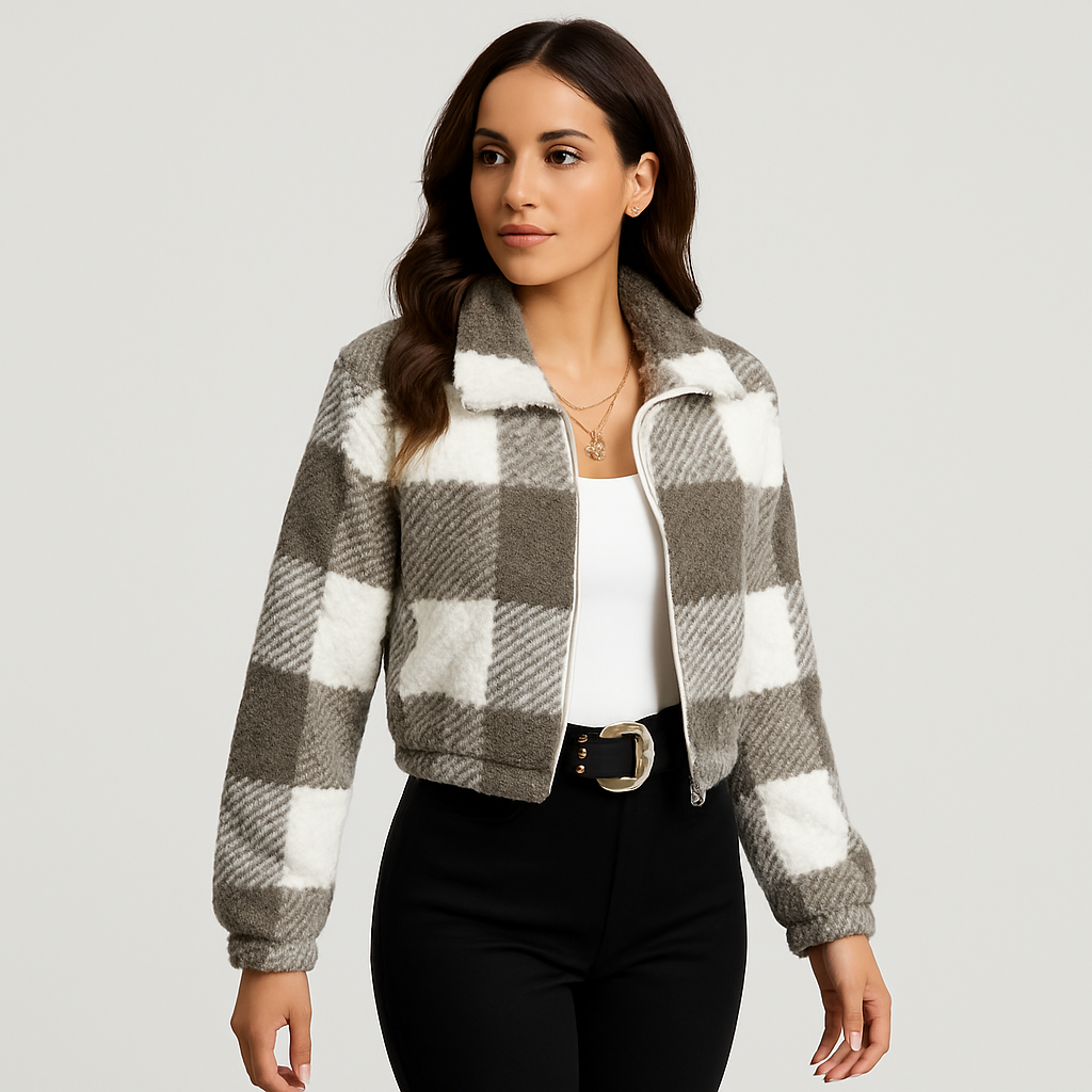 Sabine | Women's Checked Teddy Fleece Jacket with Zip and Long Sleeves