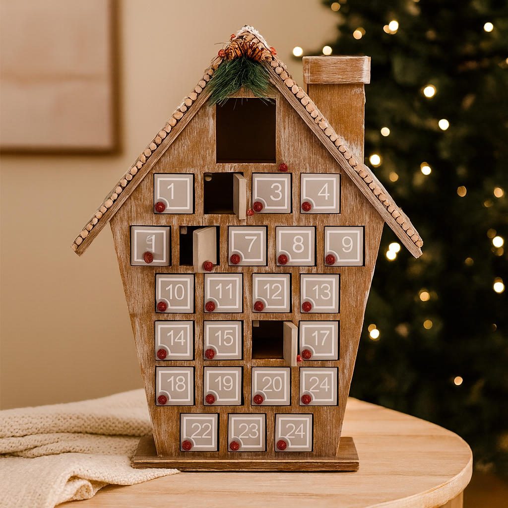 クリスマスハウスの形をした25個の収納コンパートメントを備えた木製のアドベントカレンダー