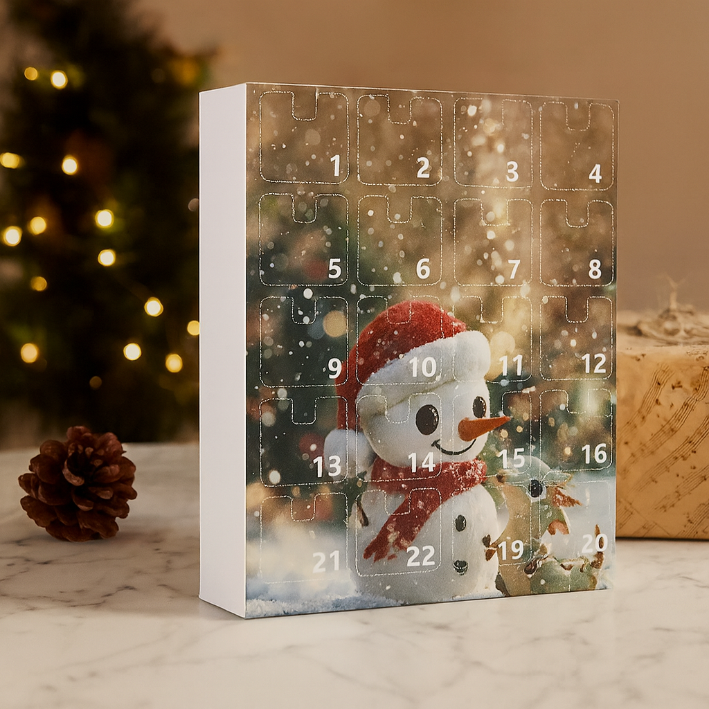 2025年のアドベントカレンダー、フラットなアクリル製雪だるま、クリスマスカウントダウン