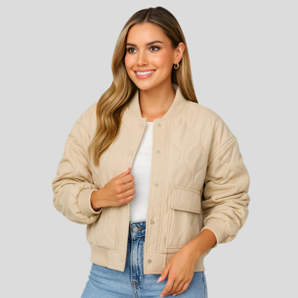 Karina Cropped Bomber Jacket - Women's with Ribbed Hem and Side Pockets