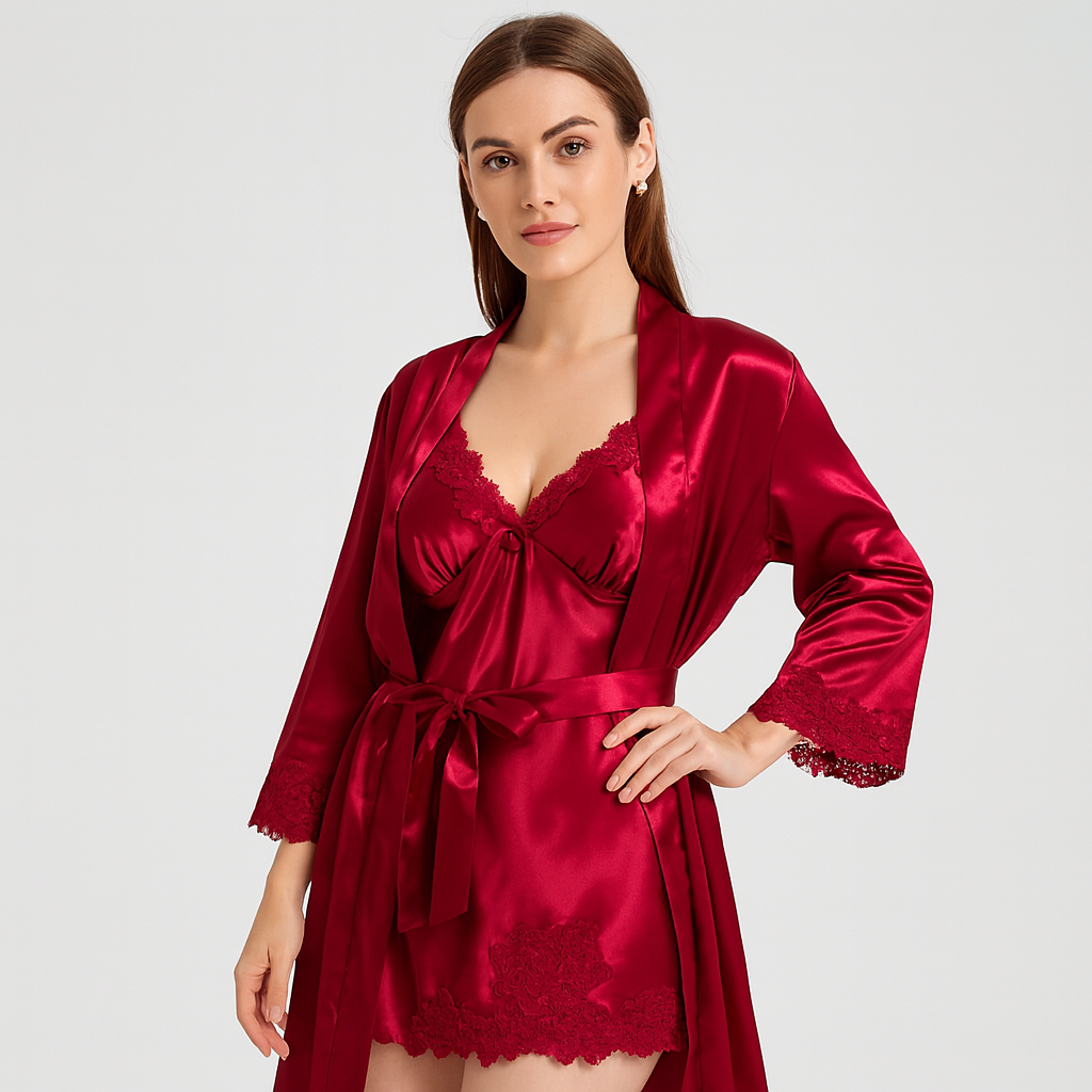 Elegant 5-in-1 Pajama Set for Women - Premium Loungewear Set with Matching Bathrobe
