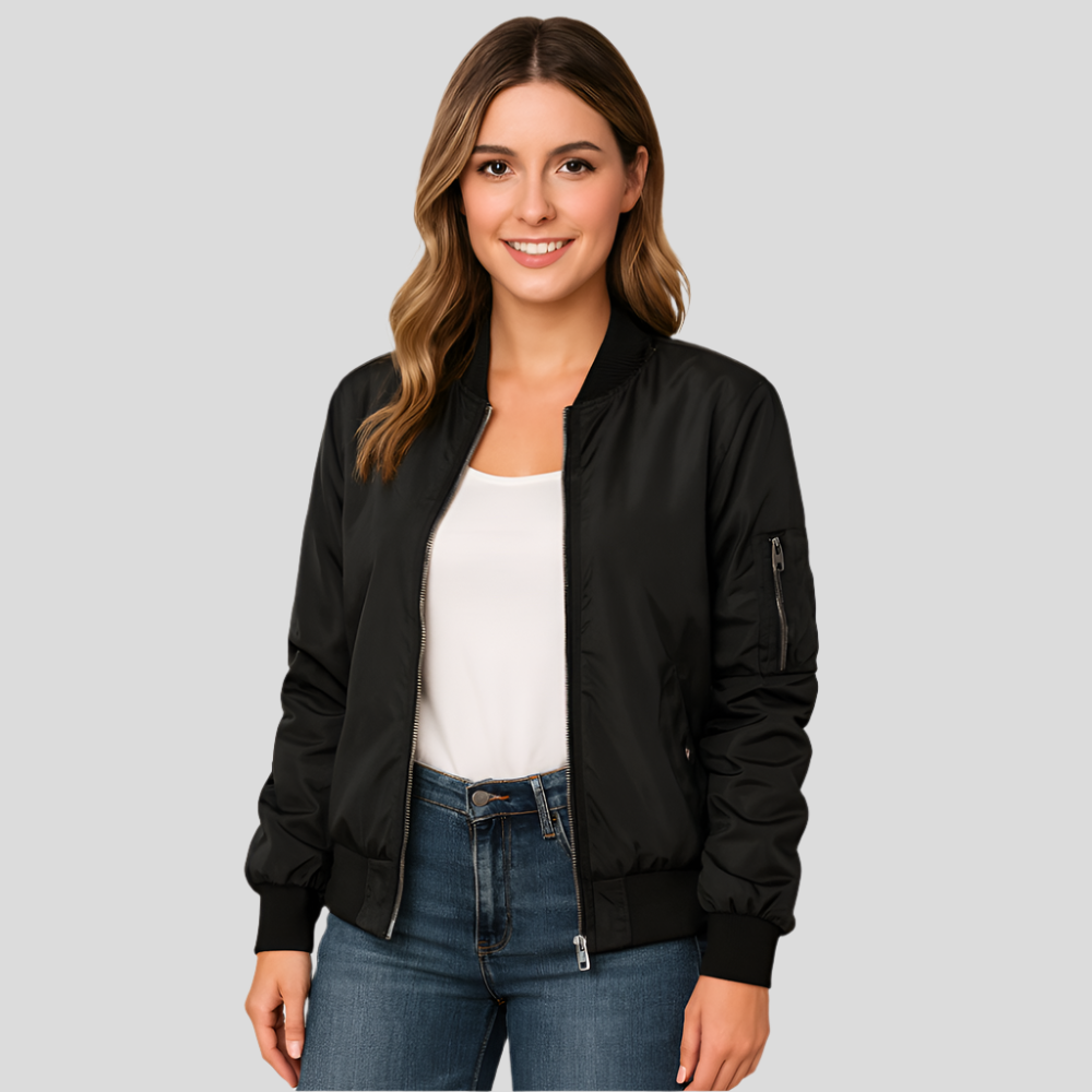 Lightweight Zip-Up Bomber Jacket - Women's Casual Pilot Style