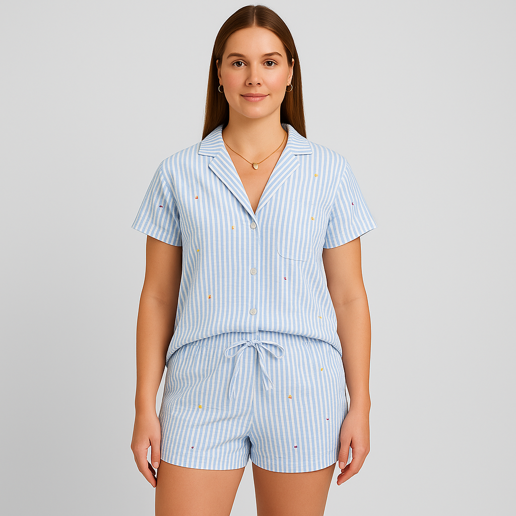 Women's 2-Piece Pajama Set - Button-Up Shirt and Elastic Waist Shorts