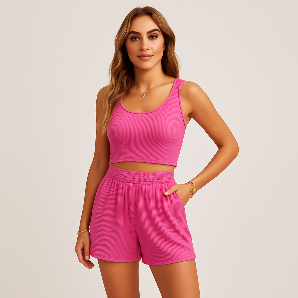 Women's Ribbed Camisole & Shorts Set - Casual 2-Piece Lounge Outfit