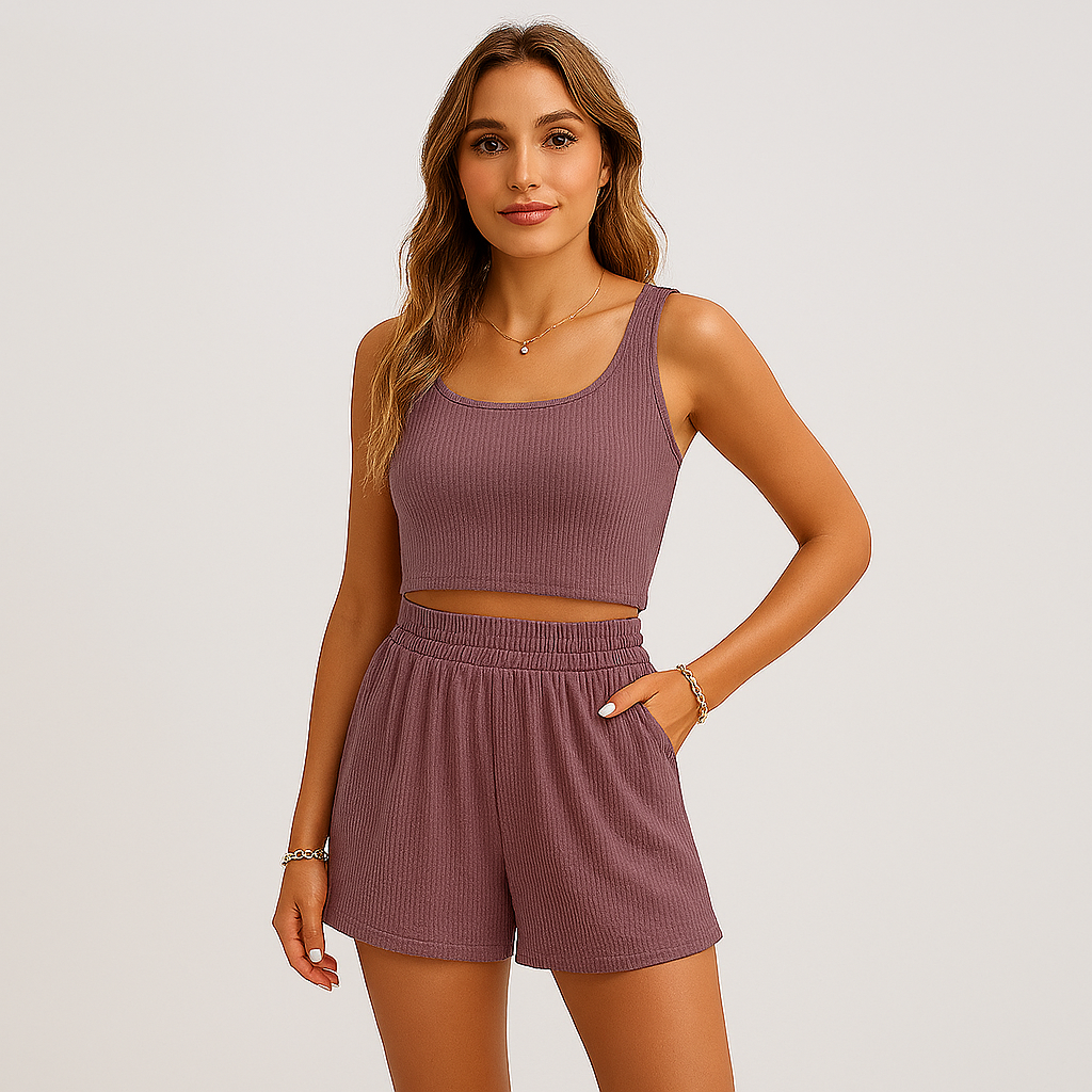 Women's Ribbed Camisole & Shorts Set - Casual 2-Piece Lounge Outfit