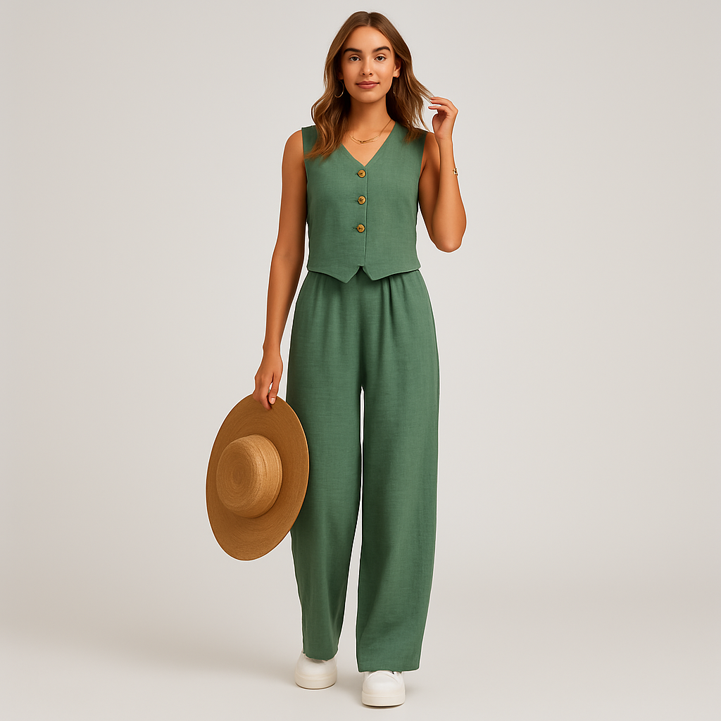 Elegant two-piece set for women - sleeveless V-neck top and matching plain pants