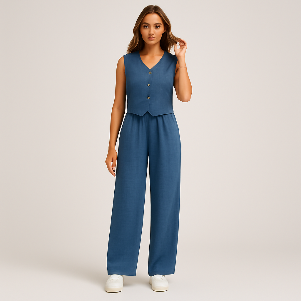 Elegant two-piece set for women - sleeveless V-neck top and matching plain pants