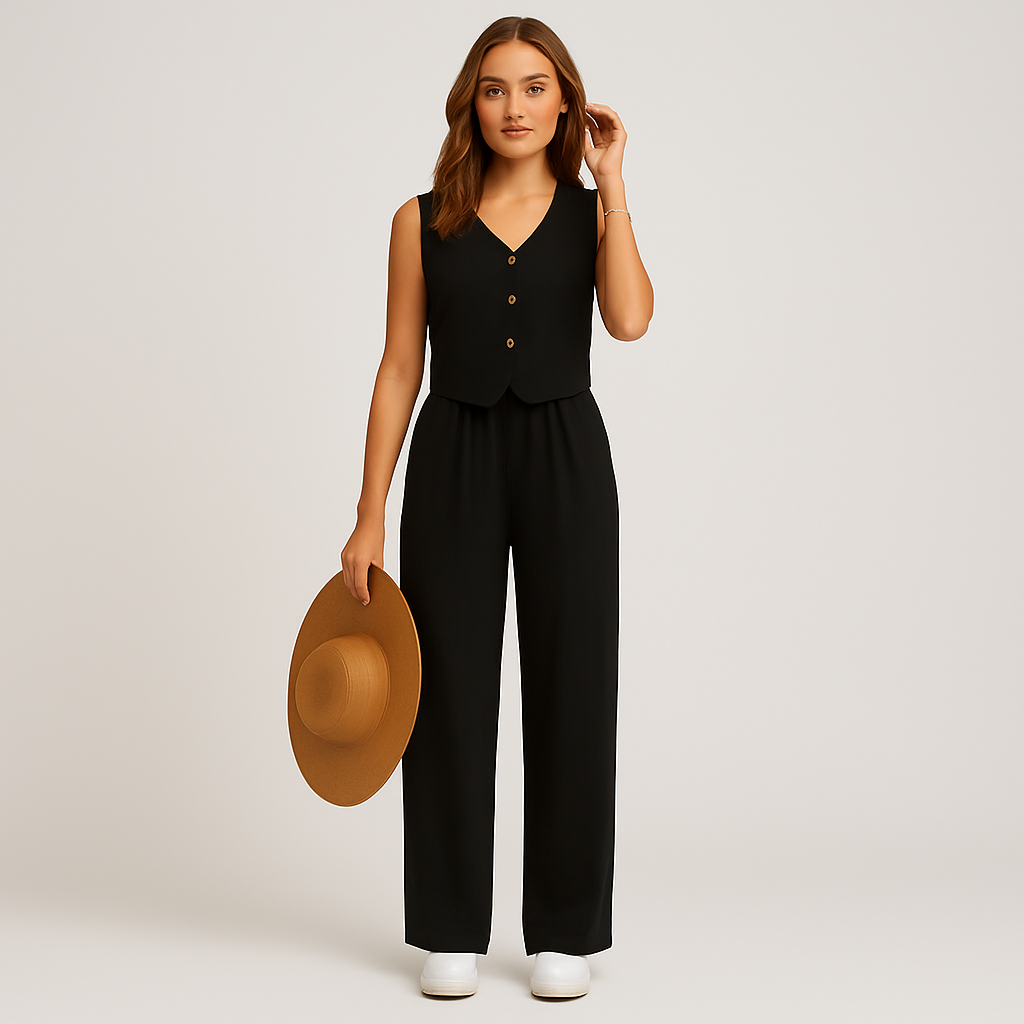 Elegant two-piece set for women - sleeveless V-neck top and matching plain pants