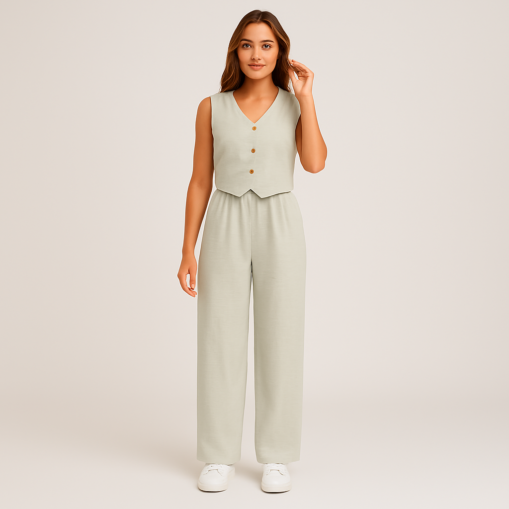 Elegant two-piece set for women - sleeveless V-neck top and matching plain pants
