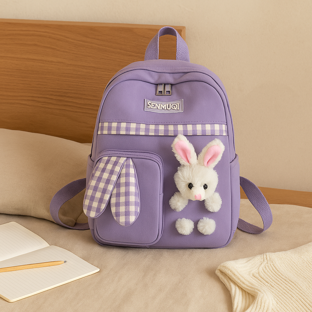 女の子向けのかわいい漫画ミニバックパック - ピンクのウサギと青いパンダのデザインの折りたたみ式軽量トラベルバッグ