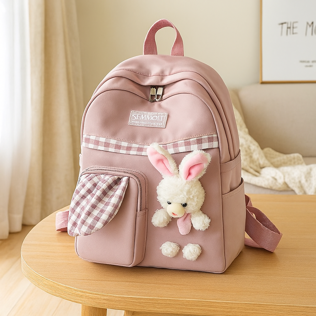 Cute Cartoon Mini Backpack for Girls - Foldable Lightweight Travel Bag with Pink Rabbit and Blue Panda Design
