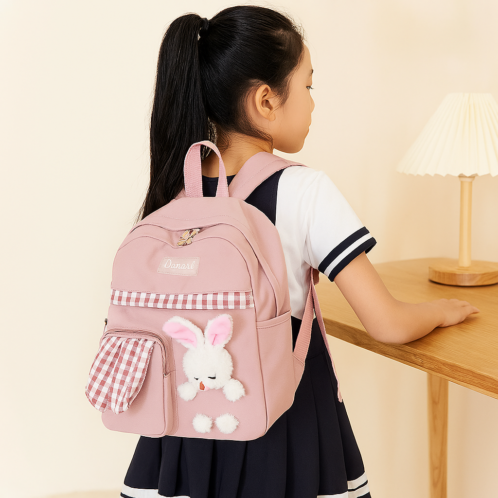 Cute Cartoon Mini Backpack for Girls - Foldable Lightweight Travel Bag with Pink Rabbit and Blue Panda Design