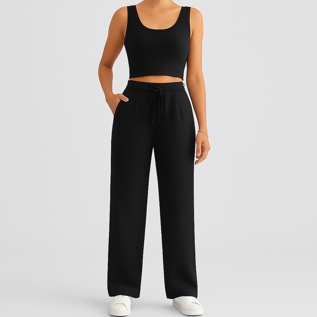 Women's 2-Piece Summer Set - Sleeveless Crop Top and High-Waisted Textured Pants