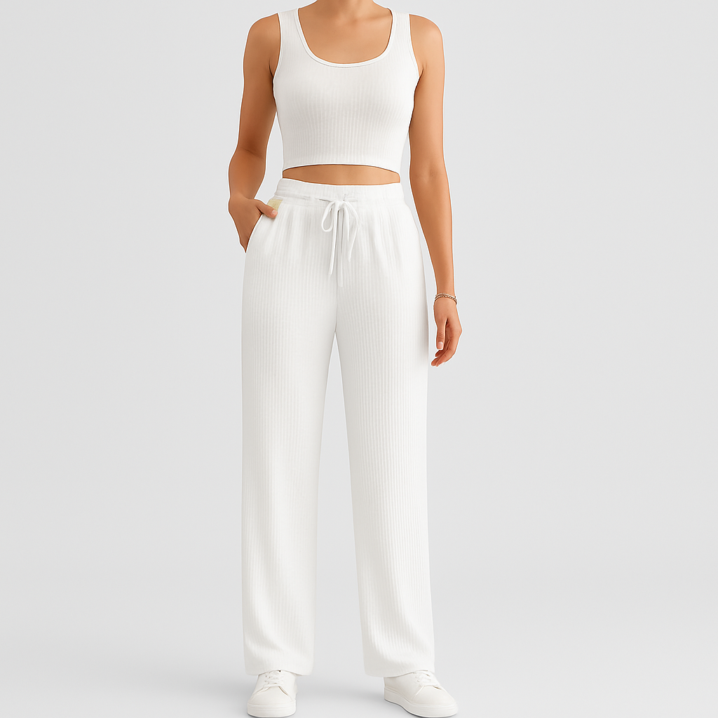 Women's 2-Piece Summer Set - Sleeveless Crop Top and High-Waisted Textured Pants