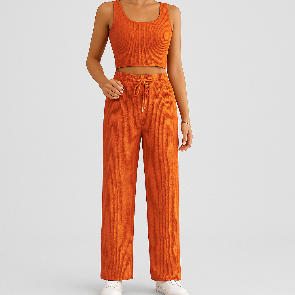 Women's 2-Piece Summer Set - Sleeveless Crop Top and High-Waisted Textured Pants