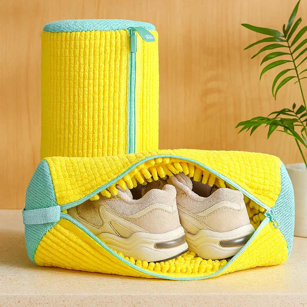 Yellow shoe wash bag for washing machines and dryers - soft chenille lining and zipper closure
