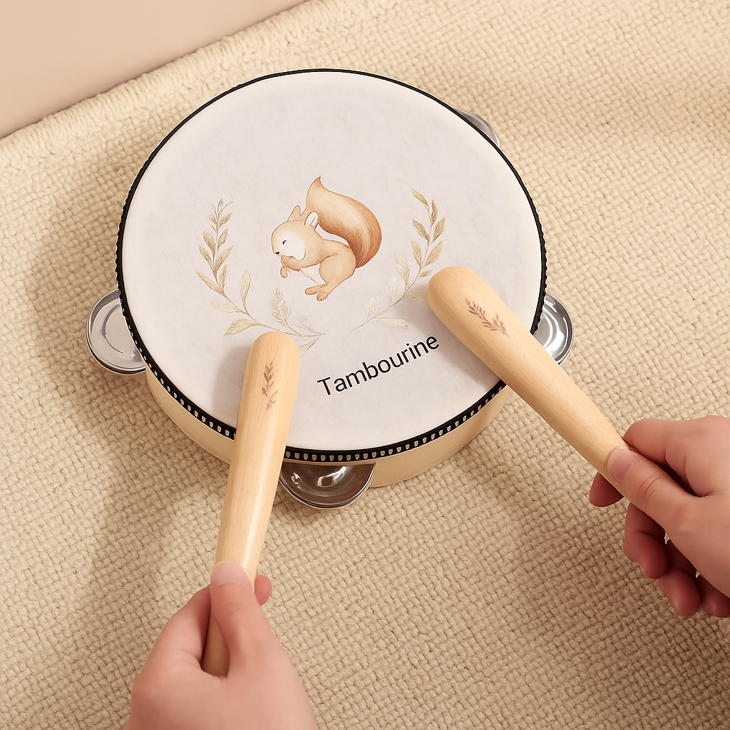 Cartoon wooden drum - hand bell with squirrel rattle and handle