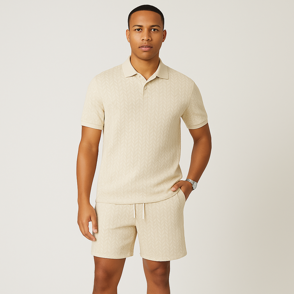 Men's 2-Piece Jacquard Knit Set - Short Sleeve Colored Top and Solid Color Shorts